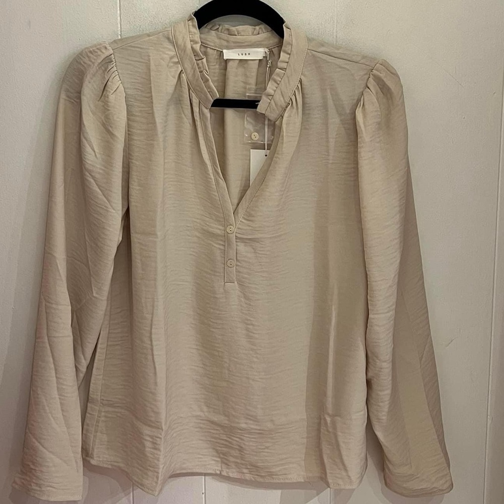 Lush Beige Ruffle Blouse - Size Medium